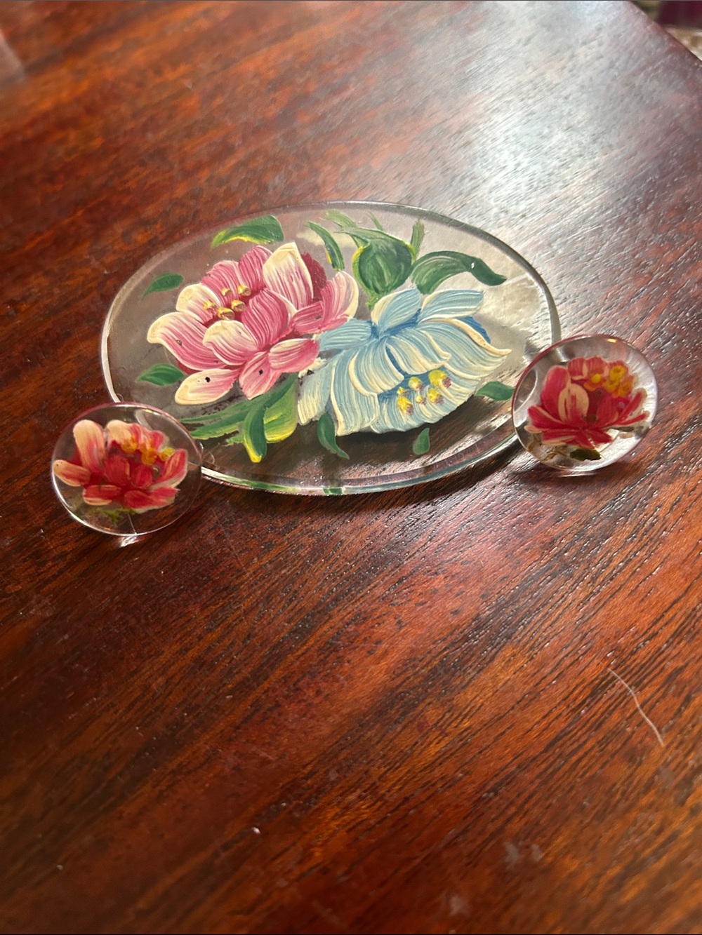 Vintage Hand-Painted Lucite Brooch and Earrings Set